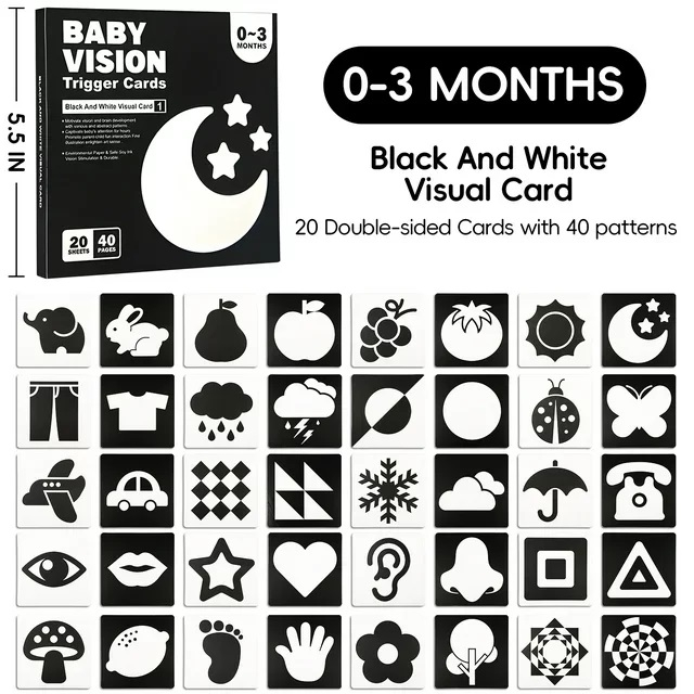 Set 20 carduri stimulare vizuala bebelusi, cartonase cu imagini, alb-negru, 0-3-luni [6]