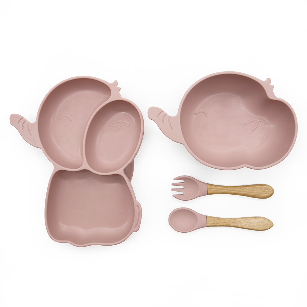 Set hranire Bebeulsi pentru diversificare, 5 piese, silicon, fara BPA, Roz, model Elefant [2]