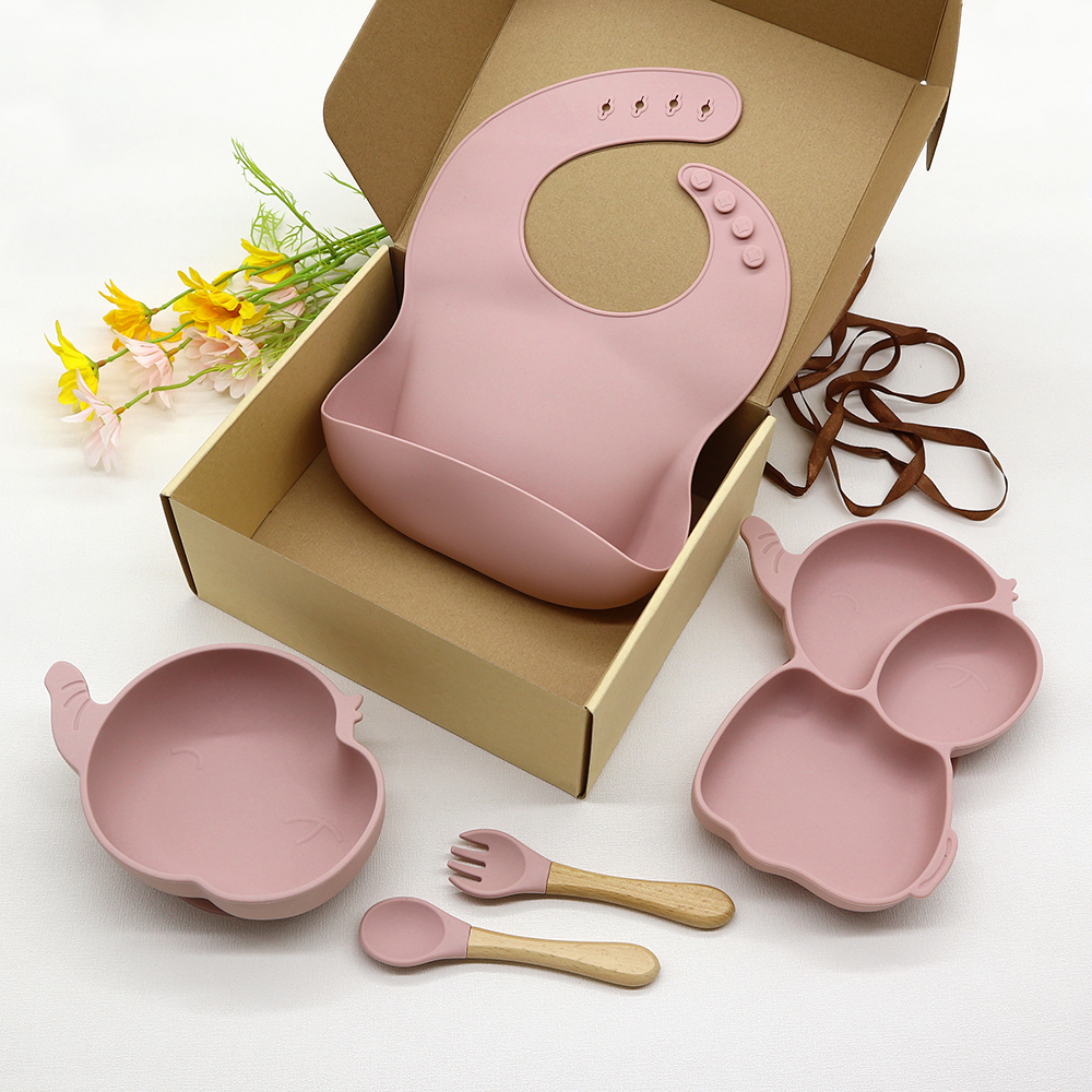 Set hranire Bebeulsi pentru diversificare, 5 piese, silicon, fara BPA, Roz, model Elefant [1]
