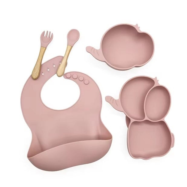 Set hranire Bebeulsi pentru diversificare, 5 piese, silicon, fara BPA, Roz, model Elefant [3]