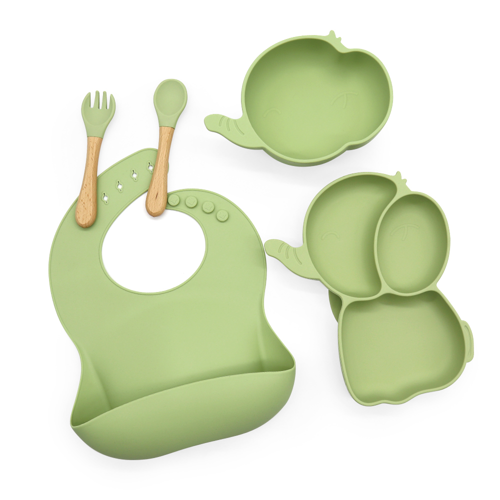 Set hranire Bebeulsi pentru diversificare, 5 piese, silicon, fara BPA, Verde, model Elefant [3]