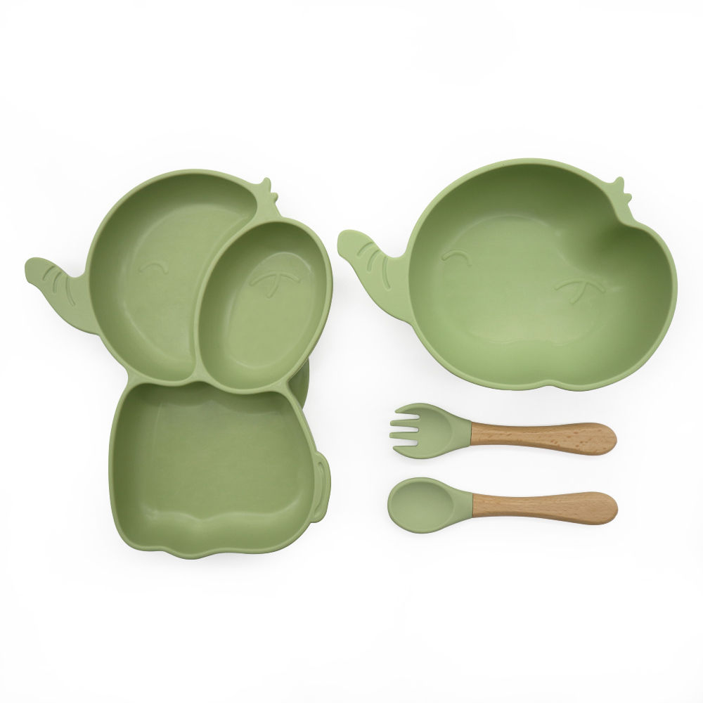 Set hranire Bebeulsi pentru diversificare, 5 piese, silicon, fara BPA, Verde, model Elefant [2]