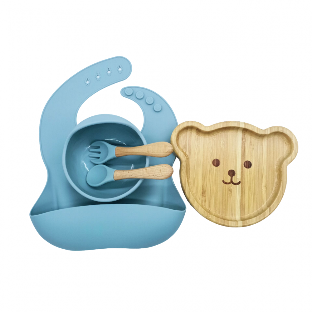 Set hranire, din bambus, pentru diversificare, 6+ luni, 5 piese, culoare Bleu, model Ursulet [4]