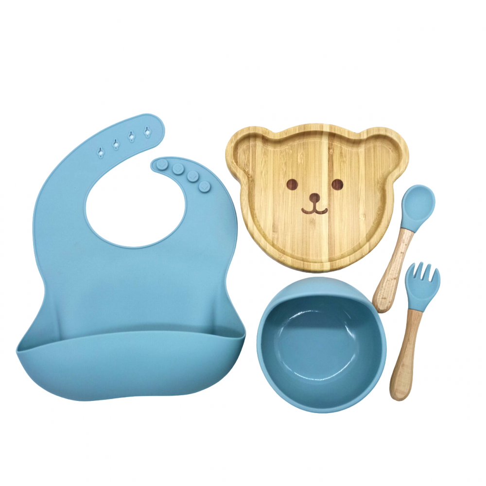 Set hranire, din bambus, pentru diversificare, 6+ luni, 5 piese, culoare Bleu, model Ursulet [3]