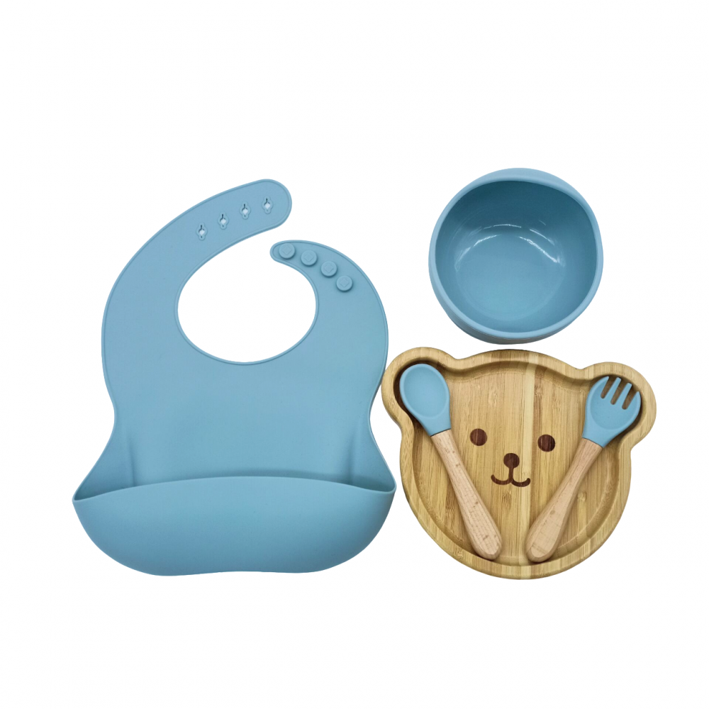 Set hranire, din bambus, pentru diversificare, 6+ luni, 5 piese, culoare Bleu, model Ursulet [1]