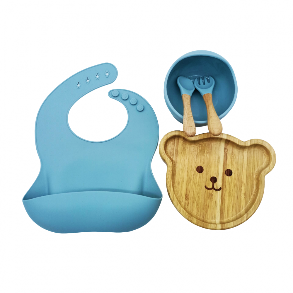 Set hranire, din bambus, pentru diversificare, 6+ luni, 5 piese, culoare Bleu, model Ursulet [2]