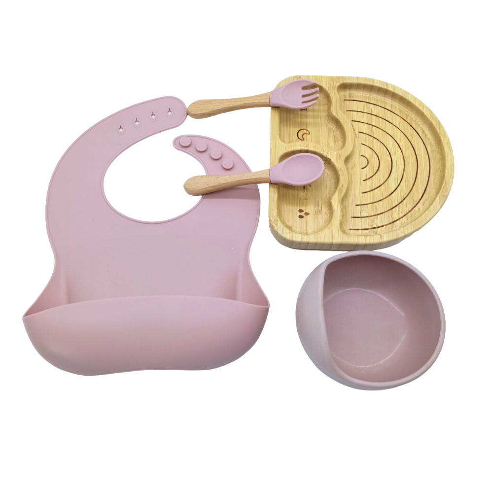 Set hranire, din bambus, pentru diversificare, 6+ luni, 5 piese, culoare Roz, model Curcubeu [4]