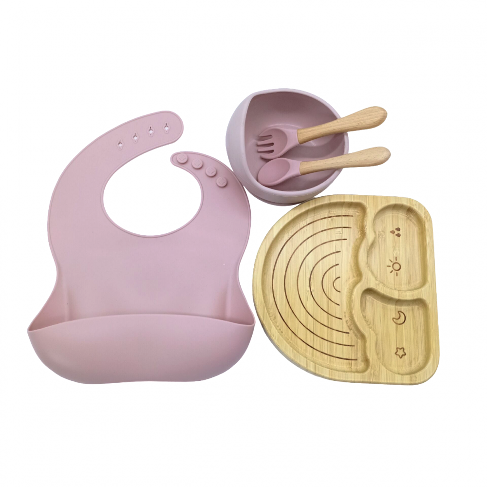 Set hranire, din bambus, pentru diversificare, 6+ luni, 5 piese, culoare Roz, model Curcubeu [2]