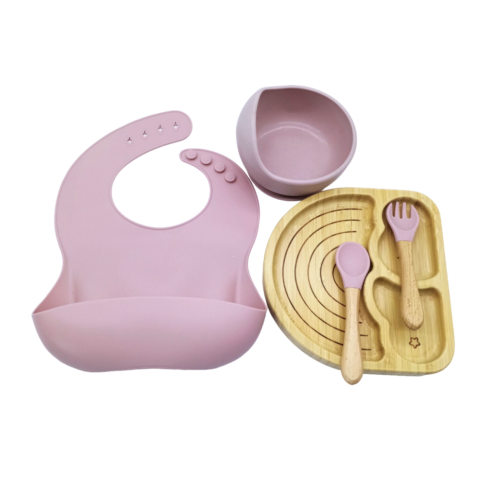 Set hranire, din bambus, pentru diversificare, 6+ luni, 5 piese, culoare Roz, model Curcubeu [1]