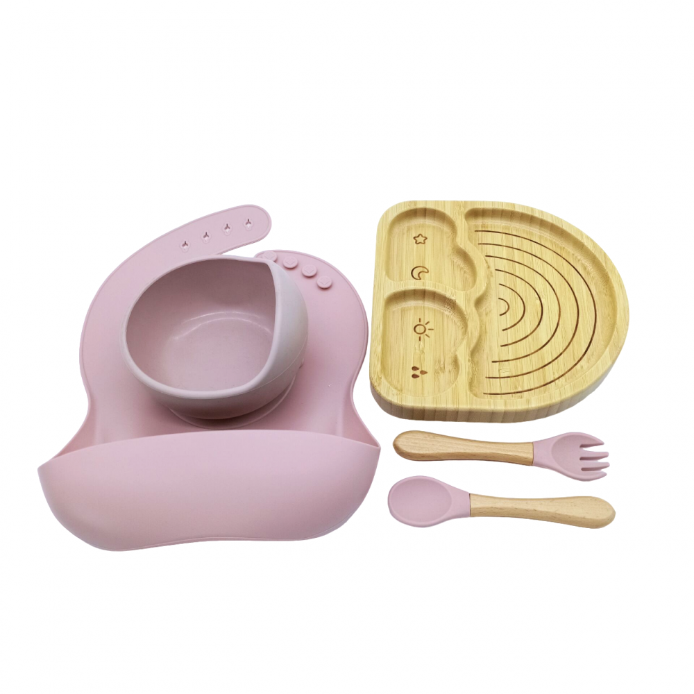 Set hranire, din bambus, pentru diversificare, 6+ luni, 5 piese, culoare Roz, model Curcubeu [3]