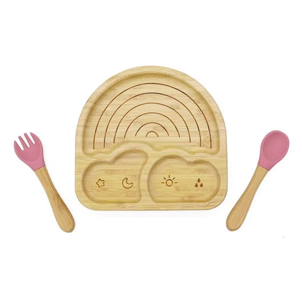 Set hranire, din bambus, pentru diversificare, 6+ luni, 5 piese, culoare Roz, model Curcubeu [7]