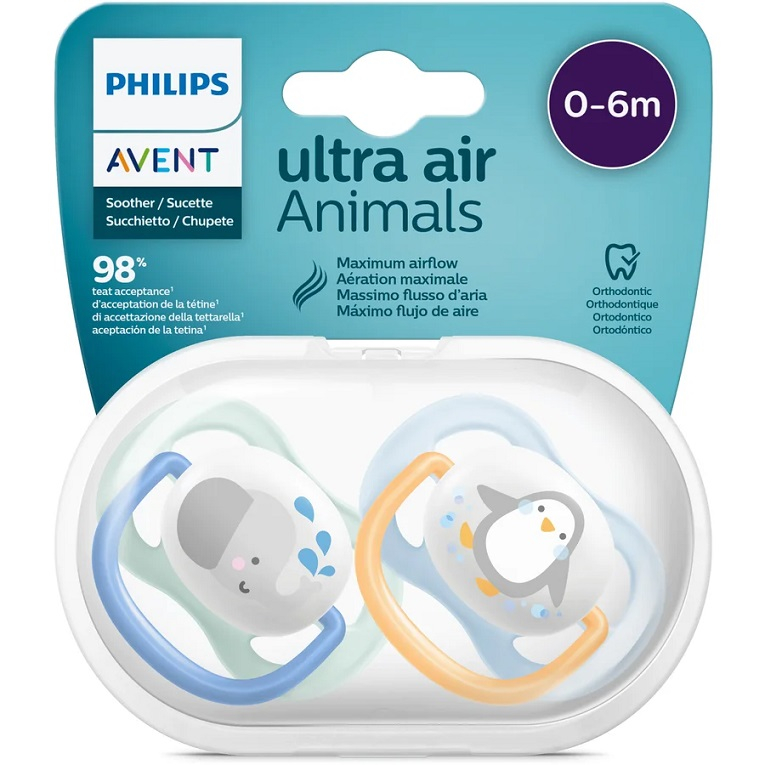 Suzete Ultra Air Philips Avent, 0-6 luni, Elefant si Pinguin SCF080/05, Philips [2]