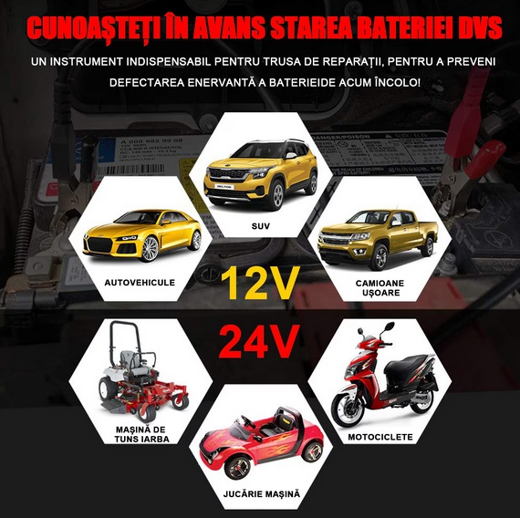 Tester diagnoza baterie auto, SDLOGAL, 12V/24V, Afisaj digital, Compatibil cu motociclete, autoturisme, camioane, utilitare, Negru/Rosu [3]