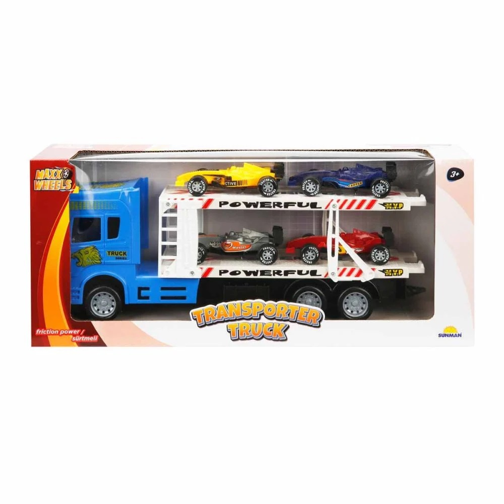 Transportator albastru cu 2 niveluri si 4 masini, Maxx Wheels, 1:32, 32 cm [1]