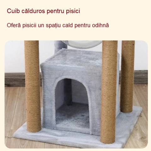 Ansamblu de joaca pentru pisici - 143 cm, cu hamac, cuiburi si capsulă transparenta, Gri [8]