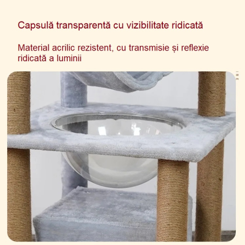 Ansamblu de joaca pentru pisici - 143 cm, cu hamac, cuiburi si capsulă transparenta, Gri [7]
