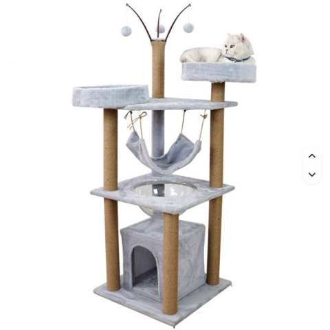 Ansamblu de joaca pentru pisici - 143 cm, cu hamac, cuiburi si capsulă transparenta, Gri
