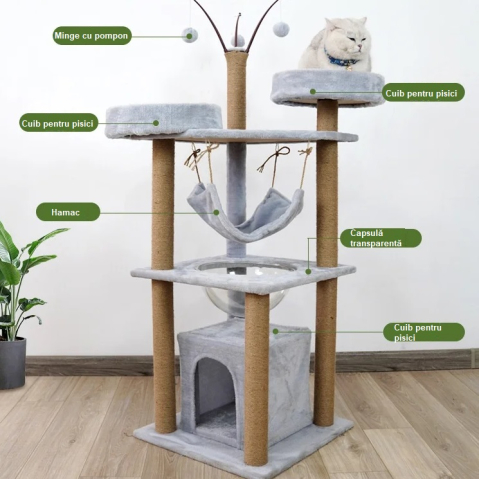 Ansamblu de joaca pentru pisici - 143 cm, cu hamac, cuiburi si capsulă transparenta, Gri [5]