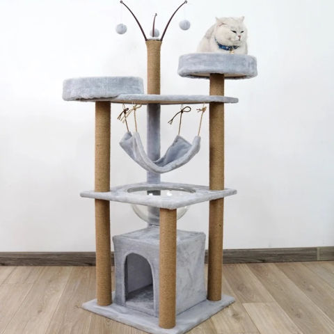 Ansamblu de joaca pentru pisici - 143 cm, cu hamac, cuiburi si capsulă transparenta, Gri [1]