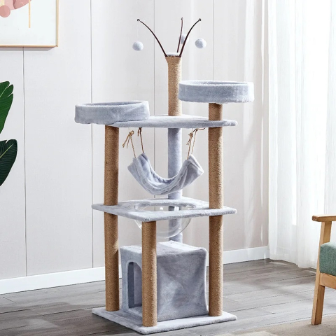 Ansamblu de joaca pentru pisici - 143 cm, cu hamac, cuiburi si capsulă transparenta, Gri [3]