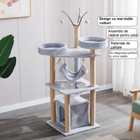Ansamblu de joaca pentru pisici - 143 cm, cu hamac, cuiburi si capsulă transparenta, Gri [2]