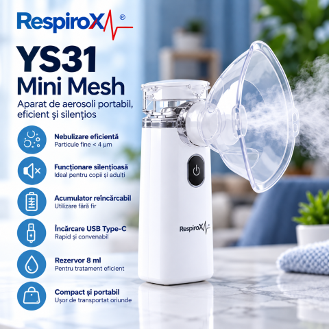Aparat de Aerosoli Zenva Portabil RespiroX YS31 Mini Mesh, Nebulizator Electric Reîncărcabil, Silențios [1]