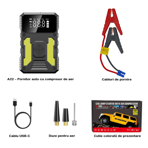 Starter auto, aparat portabil pentru pornire auto 2000A cu Compresor 150 PSI si baterie externa 14000 mAh – dispozitiv multifunctional 4 in 1 [7]