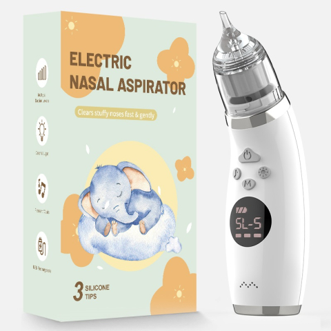 Accesorii Bebe - Aspirator nazal electric pentru bebeluși - 5 trepte, lumină colorată, muzică + 3 capete din silicon