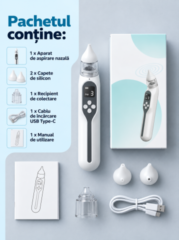 Aspirator Nazal Electric pentru Bebelusi Zenva, Reincarcabil USB, cu 2 Capete din Silicon, Aspirare Reglabila [10]