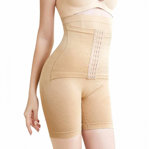 Modelare corporala - Colanti scurti modelatori cu centura abdominala postnatala integrate, Crem XS/S