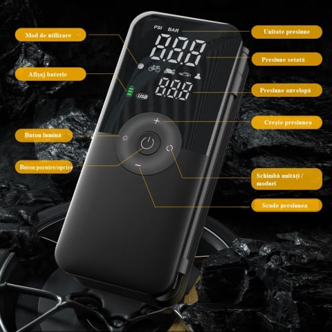 Compresor Auto Portabil multifunctional 150 PSI - Cu Baterie 5200 mAh, Iluminare LED și Ecran Digital [4]