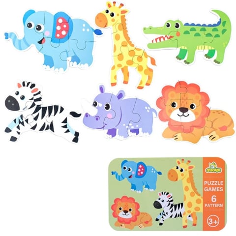 Puzzle - Cutie cu set de 6 puzzle-uri cu animale, lemn/metal, multicolor, 16 x 10 x 7 cm