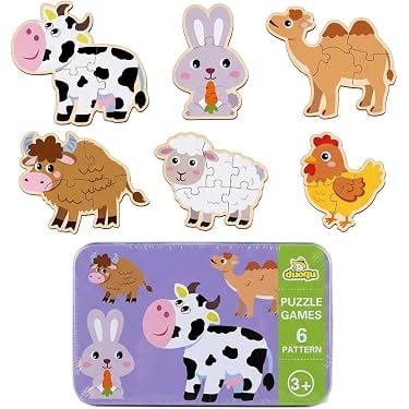 Puzzle - Cutie cu set de 6 puzzle-uri cu animale Zenva, lemn/metal, multicolor, 16 x 10 x 7 cm
