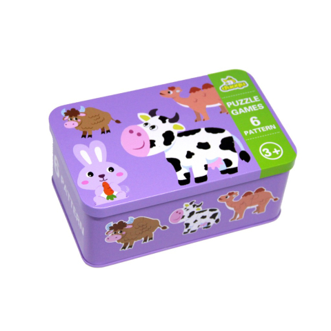 Cutie cu set de 6 puzzle-uri cu animale Zenva, lemn/metal, multicolor, 16 x 10 x 7 cm [1]