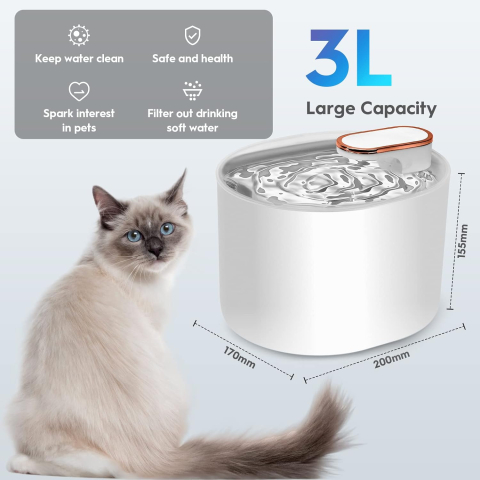 Fantana de apa pentru pisici si caini - pompa silentioasa, filtru carbon, capacitate 3 L, USB, Alb [2]