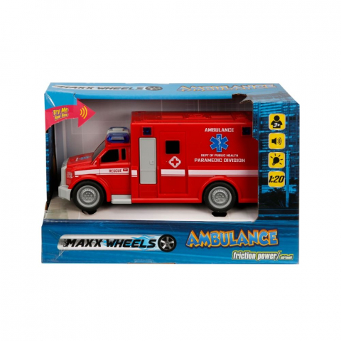 Masinute - Masina de ambulanta cu lumini si sunete Maxx Wheels, 1:20, Rosu