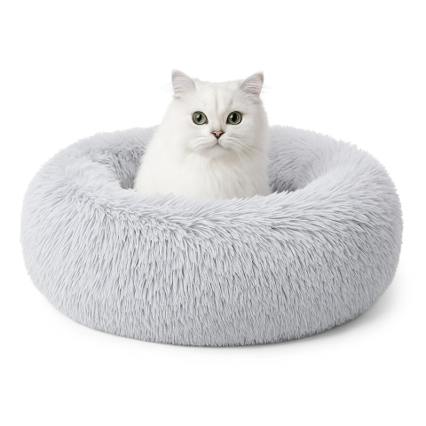 Articole Animale - Pet Shop - Pat pufos rotund pentru pisici si caini mici, 60 cm diametru – moale si confortabil, Gri