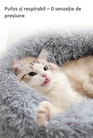 Pat pufos rotund pentru pisici si caini mici, 60 cm diametru – moale si confortabil, Gri [7]