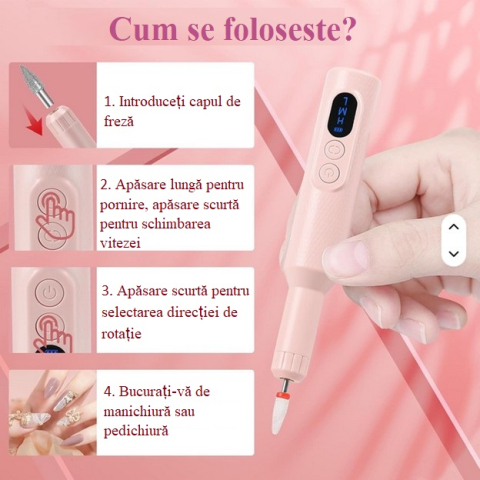 Pila de unghii profesionala, wireless, pentru manichiura-pedichiura, 18000 RPM, 3 viteze, Roz [3]