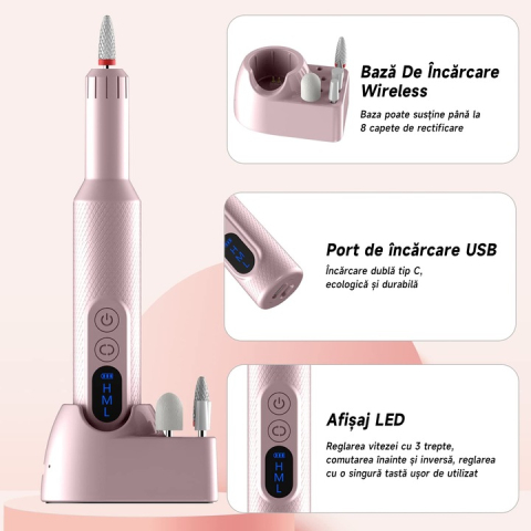 Pila de unghii profesionala, wireless, pentru manichiura-pedichiura, 18000 RPM, 3 viteze, Roz [2]