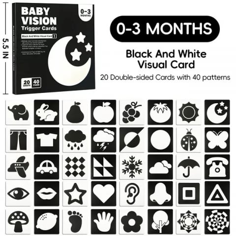 Set 20 carduri stimulare vizuala bebelusi, cartonase cu imagini, alb-negru, 0-3-luni [5]