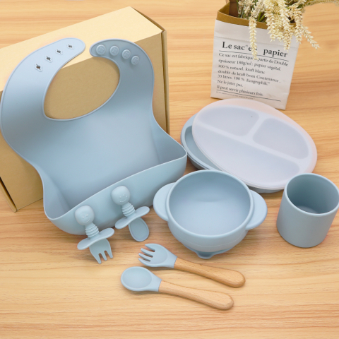 Set complet hranire bebelusi pentru diversificare,9 piese, silicon, fara BPA, Albastru, Albastru