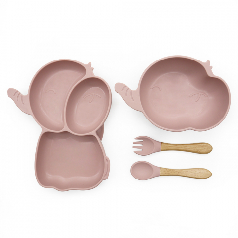 Set hranire Bebeulsi pentru diversificare, 5 piese, silicon, fara BPA, Roz, model Elefant [1]