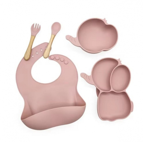 Set hranire Bebeulsi pentru diversificare, 5 piese, silicon, fara BPA, Roz, model Elefant [2]