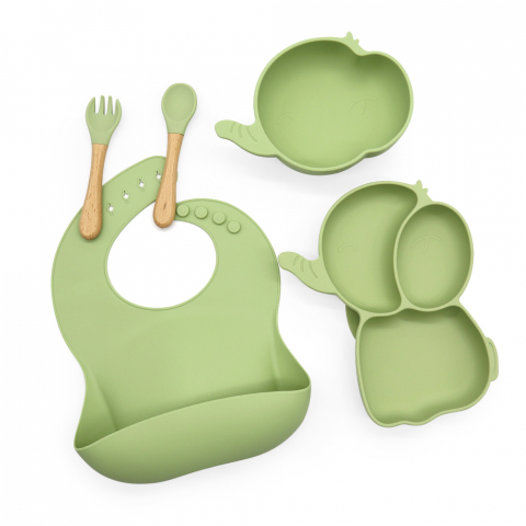 Set hranire Bebeulsi pentru diversificare, 5 piese, silicon, fara BPA, Verde, model Elefant [2]