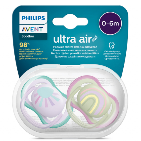 Suzete Ultra Air Philips Avent, 0-6 luni, 2 bucati, Verde si Roz cu Desen, SCF085/59, Philips [1]