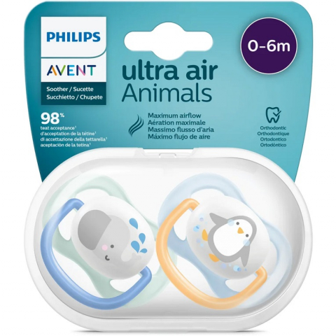 Suzete Ultra Air Philips Avent, 0-6 luni, Elefant si Pinguin SCF080/05, Philips [1]
