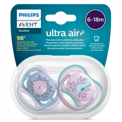 Suzete Ultra Air Philips Avent, 6-18 luni, 2 bucati, Mov si Albastru cu Desen, SCF085/61, Philips [1]