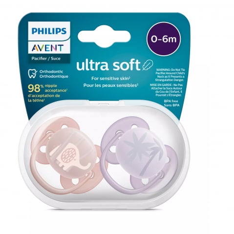 Suzete Ultra Soft Philips Avent, 0-6 luni, 2 bucati, Roz si Mov cu Desen, SCF091/09, Philips [1]
