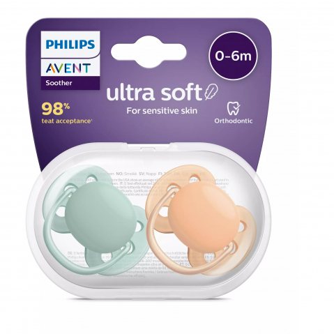 Suzete Ultra Soft Philips Avent, 0-6 luni, 2 bucati, Verde si Portocaliu, SCF091/03,  Philips [2]